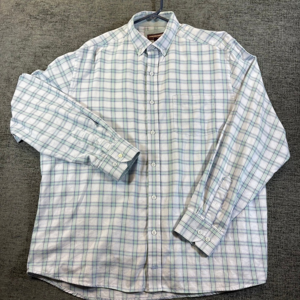 Johnston & Murphy Button Down Shirt Mens XL Blue Green Plaid Cotton 74-4617